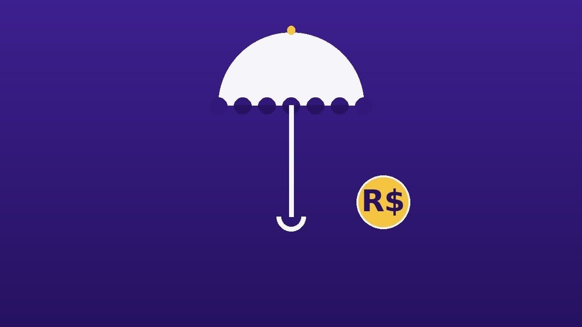 Ilustração de guarda-chuva branco protegendo uma moeda dourada com R$, simbolizando a renda protegida da venda coberta (covered call) em BBAS3