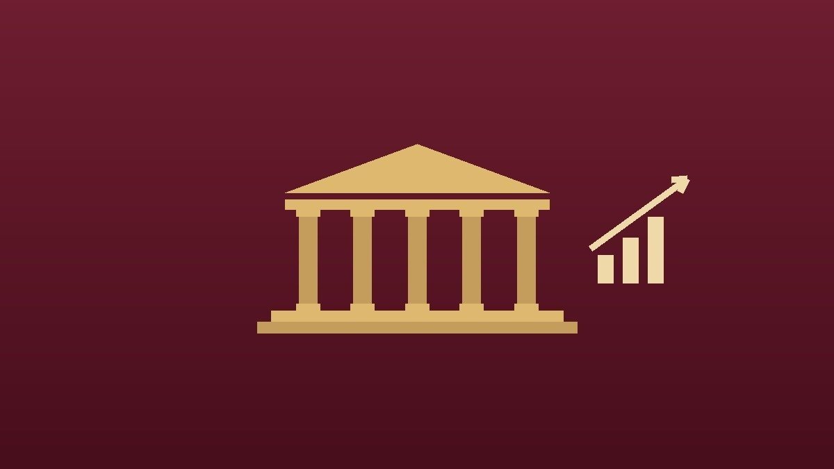 Trava de alta com opções em BBAS3 — ilustração de fachada de banco com colunas e gráfico de barras ascendente com seta de alta