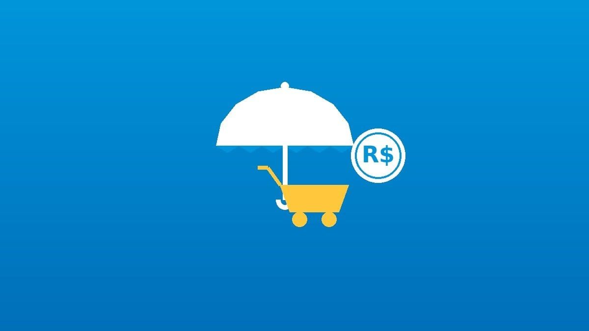 Venda coberta (covered call) em MGLU3 — guarda-chuva protegendo um carrinho de compras dourado, com moeda R$, em fundo azul-celeste