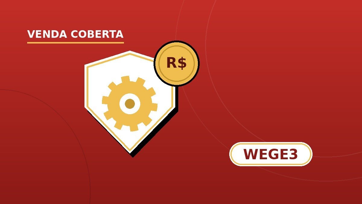 Venda coberta (covered call) em WEGE3 — escudo branco com engrenagem dourada e moeda R$ em fundo vermelho-tijolo