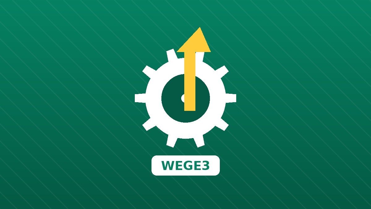 Ilustração de trava de alta com opções em WEGE3: engrenagem branca com seta dourada ascendente em fundo verde-esmeralda